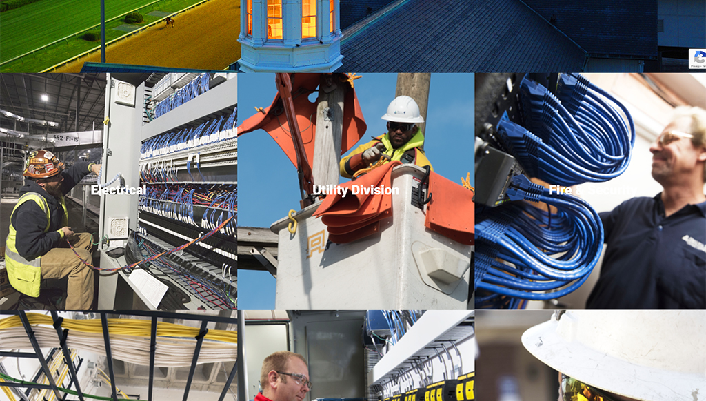 Collage of electrical, utility, and fire protection services showcasing skilled technicians working on various projects, including wiring, utility maintenance, and fire safety installations.