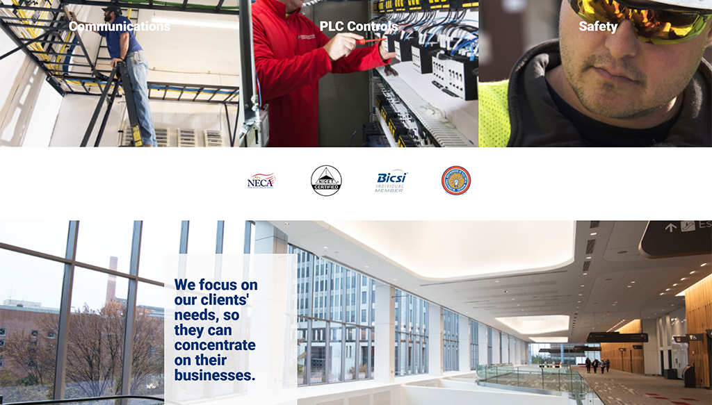 Image depicting professionals engaged in electrical and communication tasks, highlighting safety and precision in their work. The top section shows a technician working on a framework, while another technician is handling PLC controls. The bottom section features a modern, well-lit interior space, emphasizing client-focused services in the electrical contracting industry.