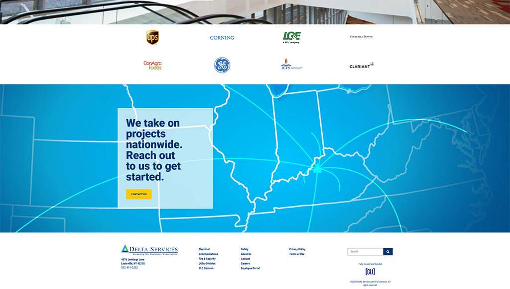 Homepage of Delta Services showcasing nationwide project capabilities, featuring logos of partner companies like UPS, GE, and ConAgra Foods, with a call-to-action to contact for project inquiries.