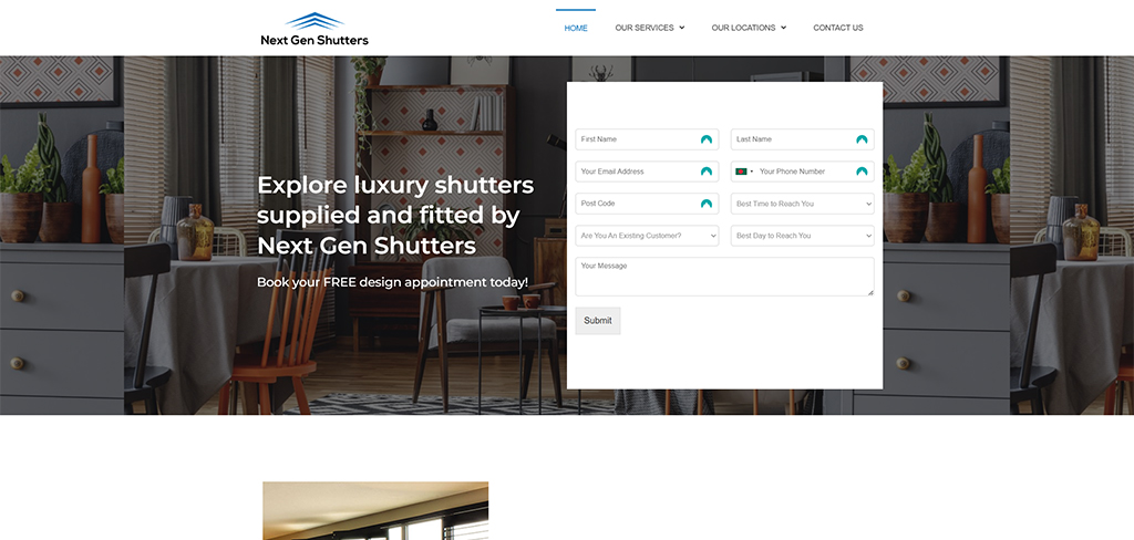 Homepage of Next Gen Shutters featuring a modern interior with luxury shutters, a contact form for booking a free design appointment, and a call to action to explore their services.