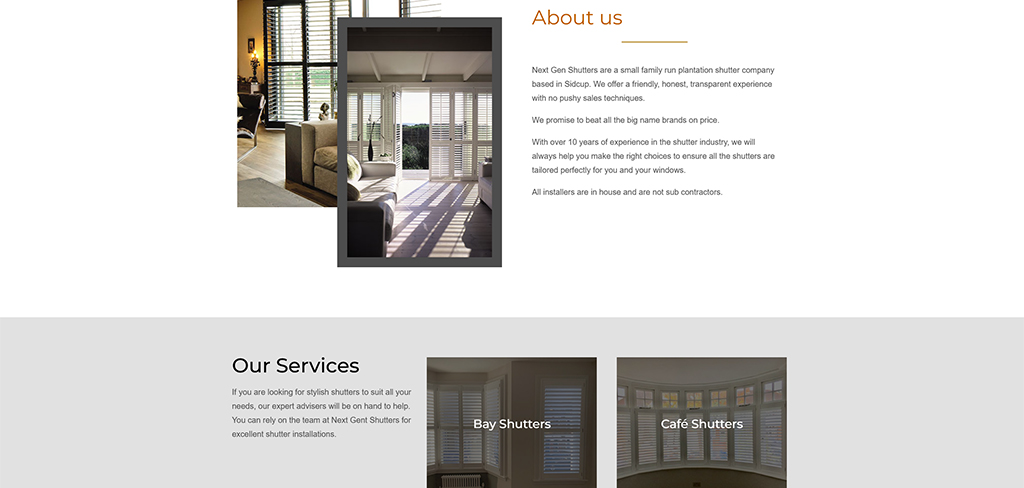 Image showcasing a modern living room with plantation shutters, emphasizing natural light and stylish interior design. Next Gen Shutters, a family-run company, specializes in tailored shutter solutions for homes, ensuring quality installations without pushy sales tactics.