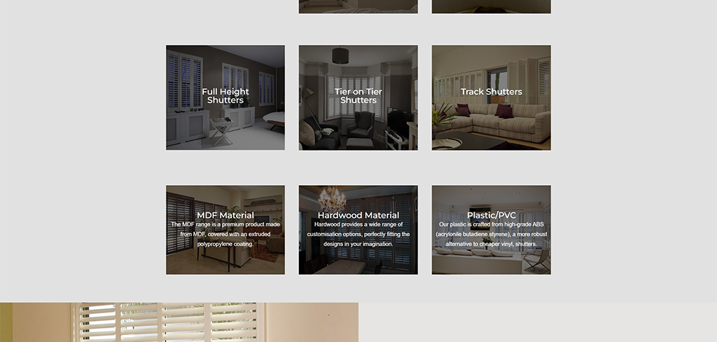 Collection of window shutter options featuring full height, tier-on-tier, and track shutters, along with descriptions of materials including MDF, hardwood, and plastic/PVC for customizable interior design solutions.