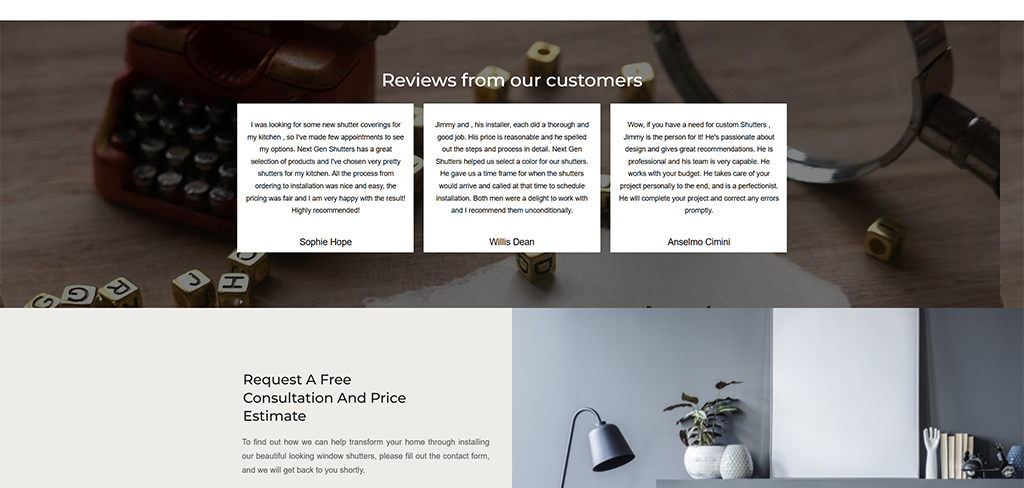 Customer reviews showcasing positive feedback about Next Gen Shutters, with testimonials highlighting personalized service, quality products, and satisfaction with consultations and installations. The image also features a request for free consultation and price estimate for window shutters.