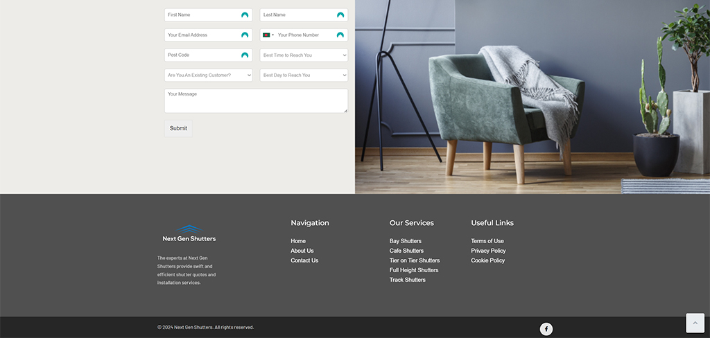 Contact form for Next Gen Shutters, featuring fields for first name, last name, email address, phone number, postal code, existing customer status, preferred contact time, and message submission. The background includes a stylish green armchair and a modern interior design.