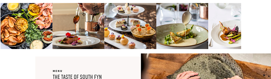 A vibrant display of gourmet dishes from the Taste of South Fyn menu, featuring seafood, elegant appetizers, and beautifully plated main courses, emphasizing local ingredients and culinary artistry.