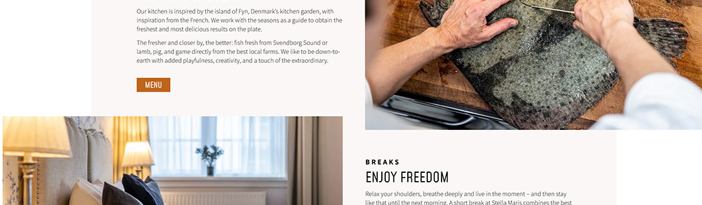 Chef preparing fresh fish on a wooden countertop in a cozy kitchen setting, highlighting a focus on local and seasonal ingredients from Denmark. The image emphasizes a blend of culinary artistry and a connection to nature.