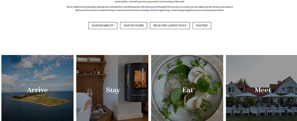 Image showcasing a coastal destination with options for arrival, accommodation, dining, and events. The layout features sections labeled 