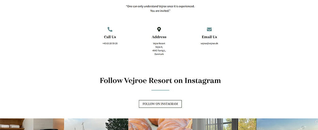 Contact information and social media invitation for Vejroe Resort, Denmark, including phone number, address, and email details, with a call to follow on Instagram for updates.