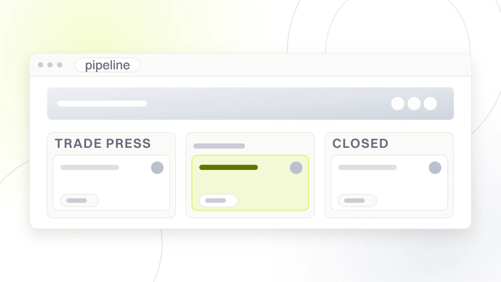 B2B Food Marketing Agency. A CRM pipeline board in browser chrome with three stage columns, trade press, qualified account and closed, each holding deal cards, with one card in the qualified column highlighted.