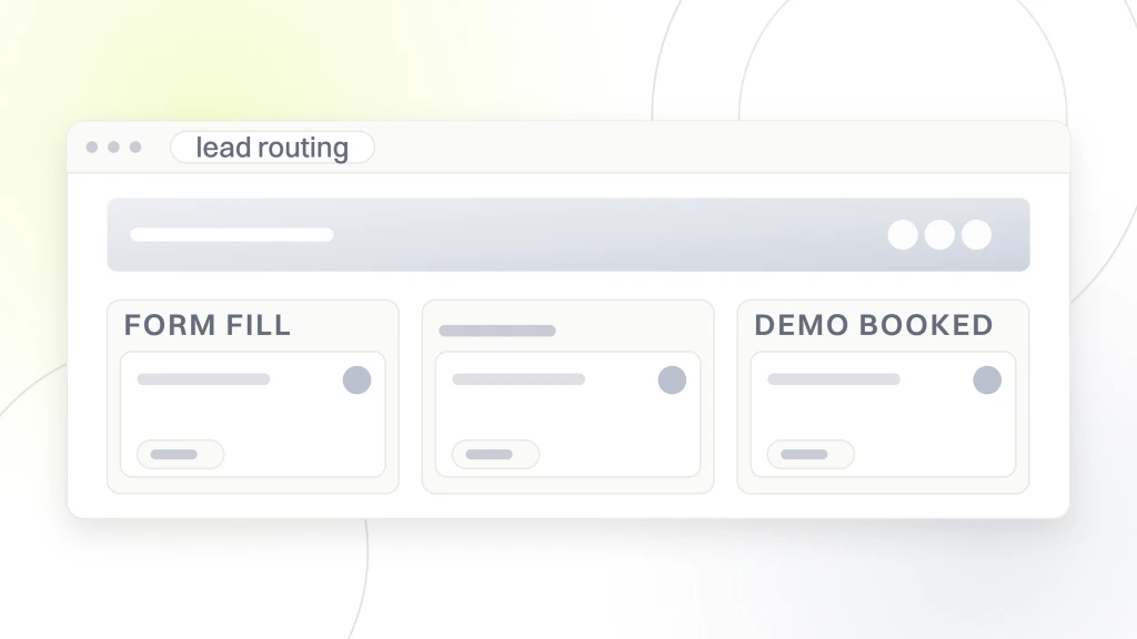 B2B Web Design and Development Services. A CRM pipeline board in browser chrome with three stage columns, form fill, routed to a rep and demo booked, each holding deal cards, with one card in the routing column highlighted.