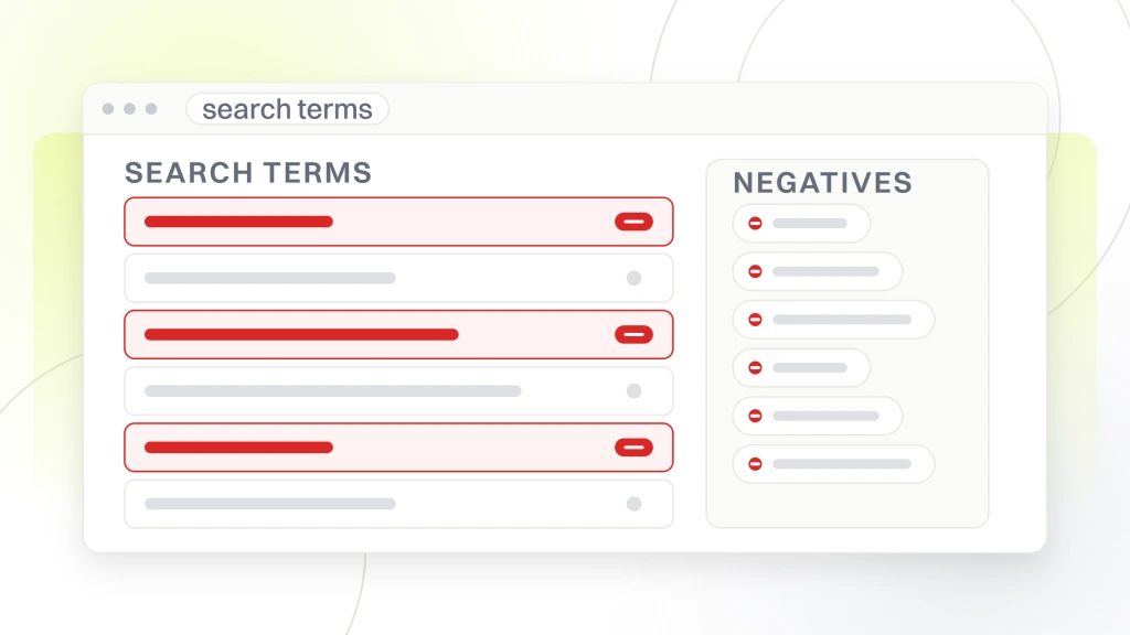 Chiropractor PPC Services to Cut Cost. A search terms report in an ads account with six query rows, three flagged for exclusion and carried into the negative keyword list beside the report.