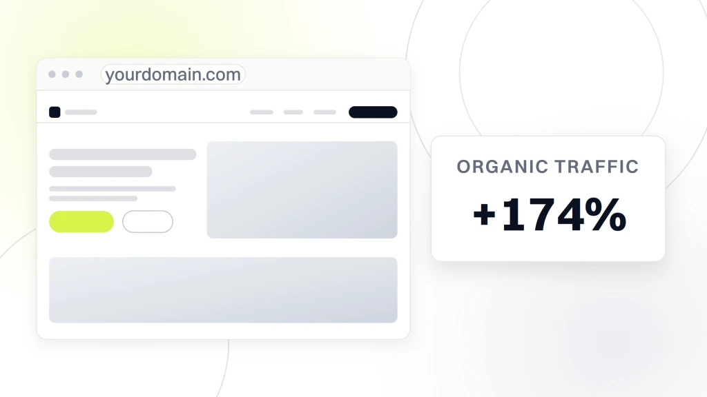 A rebuilt practice site in browser chrome with its photographic hero and a content band, beside a card reading plus 174% over the words organic traffic, from a guide to healthcare Website Builder.