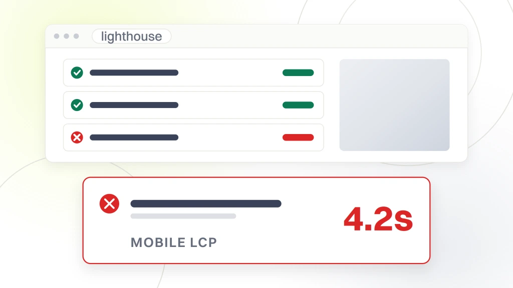 Best Hosting for Pet. An audit report window with one measured value pulled out and magnified, reading 4.2s over the words mobile lcp, drawn in the failing state with metric rows beneath it.
