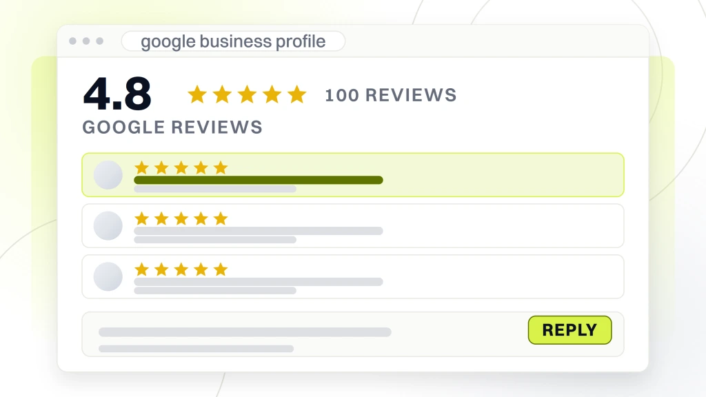 Best Med Spa Marketing Company. A Google Business Profile review panel showing a 4.8 average with its stars and a 100 reviews count, three review rows beneath it and a reply composer at the foot.