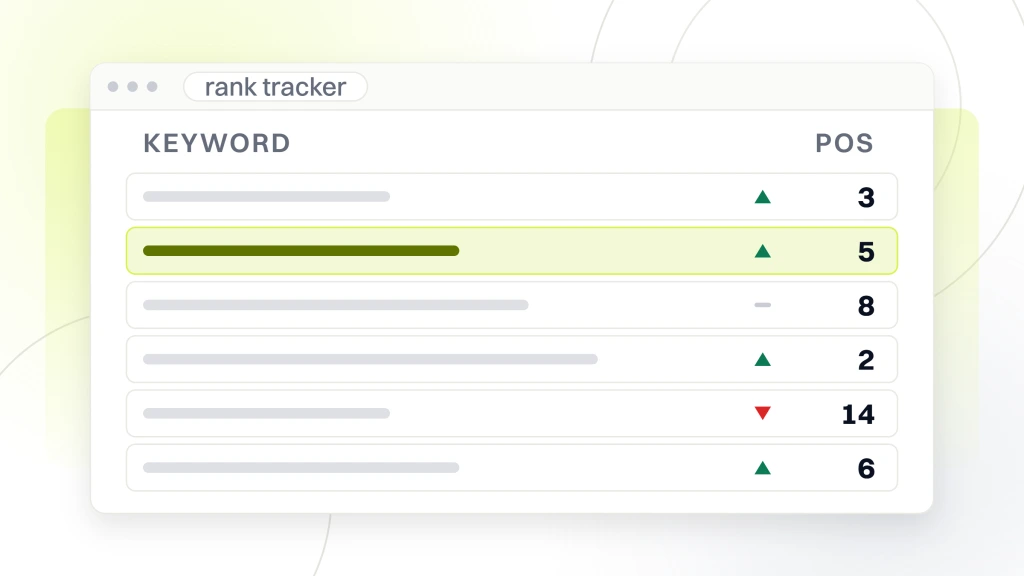 Optometrist SEO. A rank tracker window listing six keyword rows, each with a movement arrow and a position number, one row highlighted.