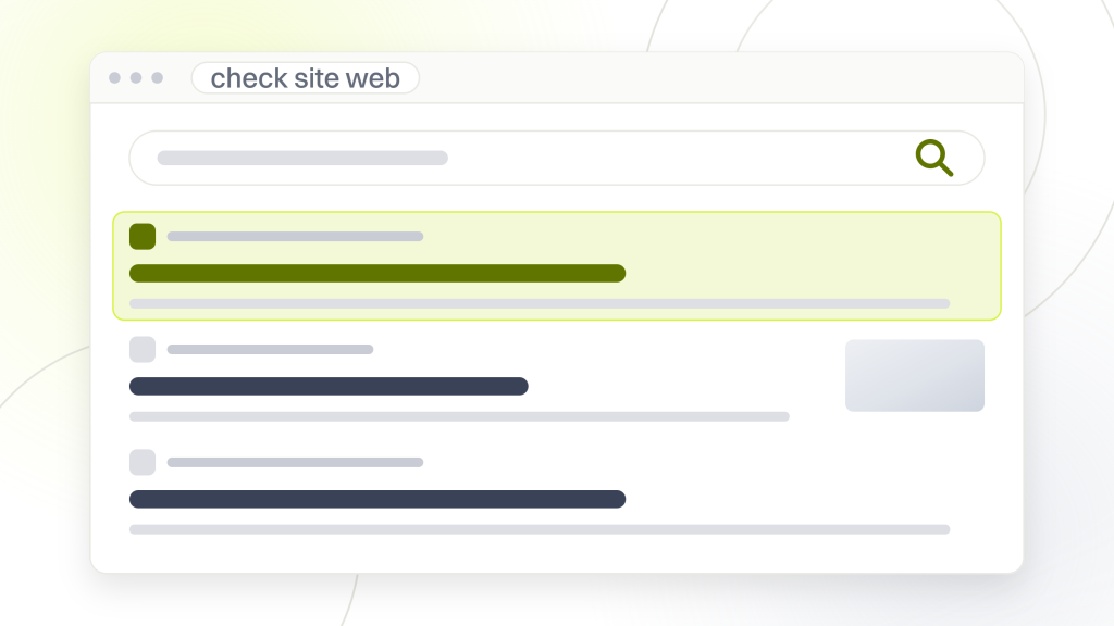 Check site web. A search results page with the query box, the tab rail, four organic listings with the first highlighted, and a row of related search pills.