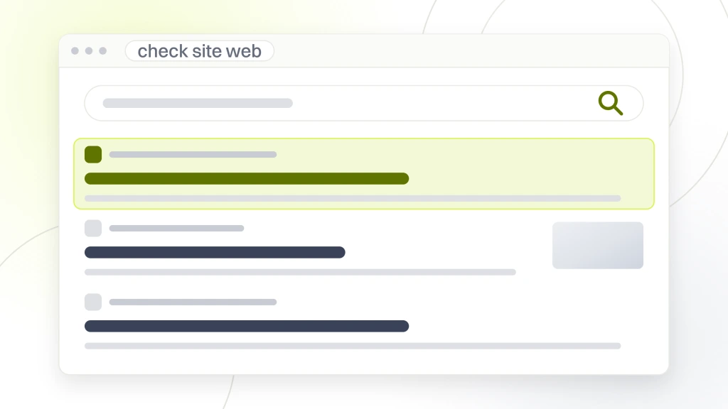 Check site web. A search results page with the query box, the tab rail, four organic listings with the first highlighted, and a row of related search pills.
