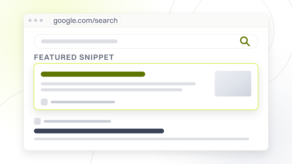 Site audit. A search results page with a featured snippet card carrying a thumbnail at the top and three organic listings under it, the second highlighted.