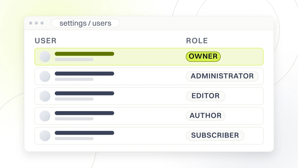 Chiropractor Website Security. A settings and users screen listing five accounts with the account owner at the top, each row carrying a role: owner, administrator, editor, author and subscriber.