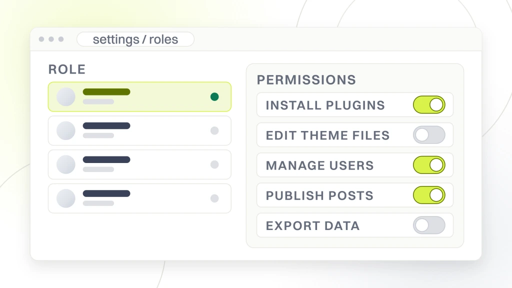 Website maintenance for chiropractors. A roles table beside a permissions panel, with install plugins, manage users and publish posts switched on and edit theme files and export data switched off.