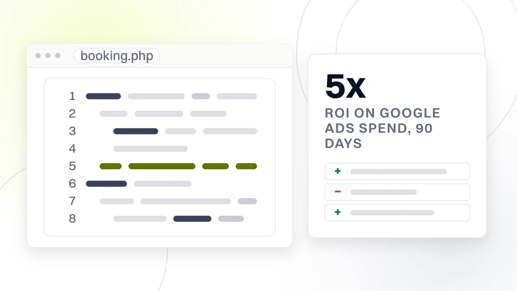 Custom web development solutions for small businesses. A code editor pane of eight lines with one highlighted, beside a card reading 5x ROI on Google Ads spend over 90 days.