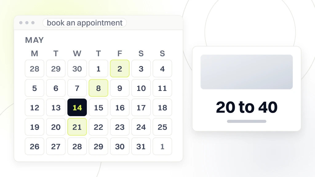 Dental Digital Marketing. A booking calendar window showing a month grid with available dates tinted and one picked, beside a card reading 20 to 40 new patients a month.