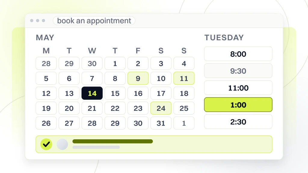 Dental marketing. A booking screen showing a month grid with a date picked, a column of five time slots with one already gone and one taken, and the appointment it produced confirmed beside it.