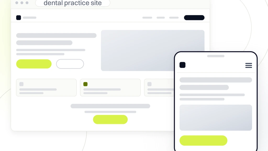 Dental Website Development. A dental practice site in browser chrome with the same build shown on a handset in front of it, the phone screen carrying the hero, the service cards and a booking button at the foot.