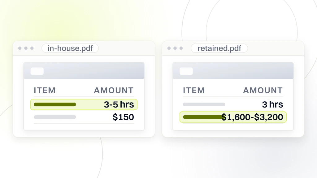 Chiropractor digital marketing. Two documents side by side. The left shows 3 to 5 owner hours a week at a $150 hourly value. The right shows about 3 owner hours a month against a $1,600 to $3,200 retainer.