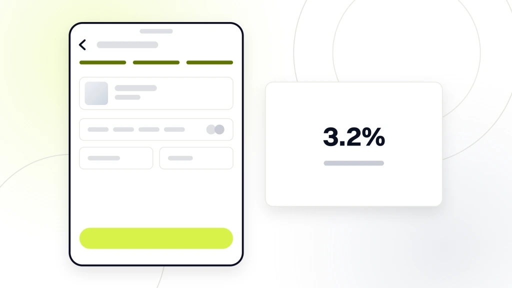 A handset stopped on the card entry step of a checkout, its step indicator on the third step, beside a card reading 3.2% over the words checkout conversion, from a guide to fast Hosting for Pet Ecommerce.