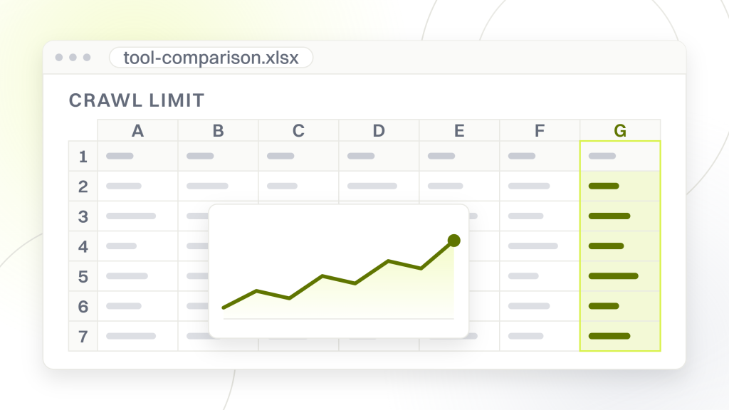 Free SEO tools. A spreadsheet export with seven columns of cells under a crawl limit heading and a chart object sitting over the grid.