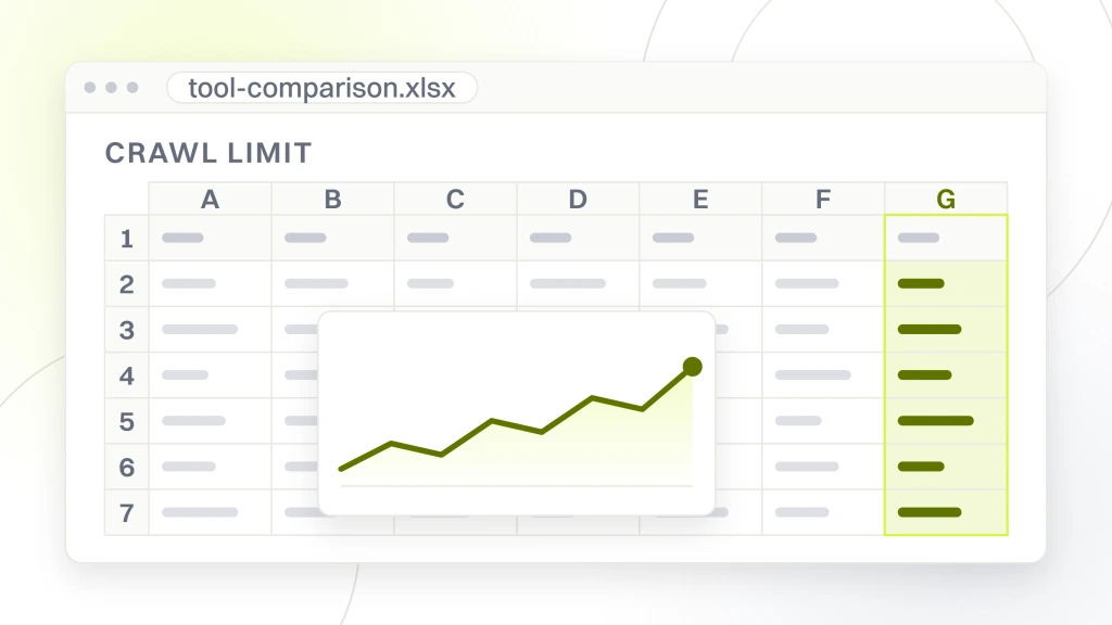 Free SEO tools. A spreadsheet export with seven columns of cells under a crawl limit heading and a chart object sitting over the grid.