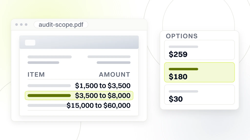 Healthcare SEO Audit. A scope document open in a viewer listing a solo practice audit of up to 50 pages at $1,500 to $3,500, a small group audit of 50 to 200 pages at $3,500 to $8,000 highlighted, and enterprise scope at $15,000 to $60,000 over 4 to 6 weeks, beside an options card holding tool costs: Screaming Frog at $259 a year, Sitebulb at $180 a month and Local Falcon at $30 a month.