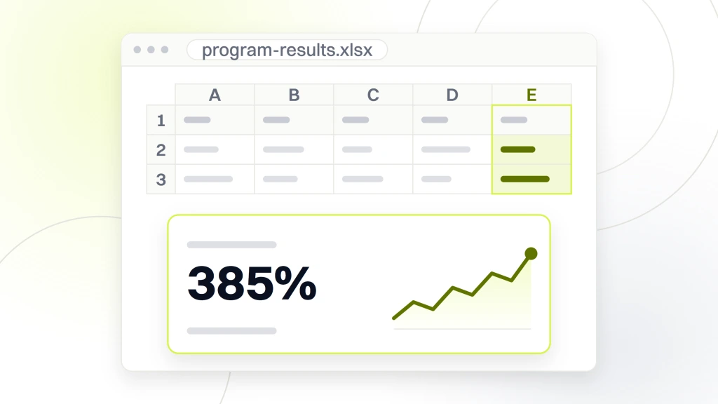 Healthcare SEO writer. A spreadsheet export with one cell pulled out and magnified, reading 385 percent organic traffic growth across the content program.