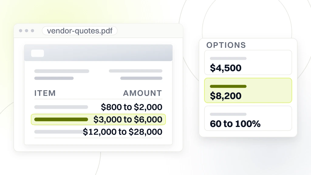 Web Design Services for Small Business. A quotes document open in a viewer listing a freelance template drop at $800 to $2,000, a solo consultant semi-custom build at $3,000 to $6,000 highlighted and a full-service agency build at $12,000 to $28,000, beside an options card showing a $4,500 design contract, a true all-in year one of $8,200 and a rebuild at 60 to 100 percent of the original.