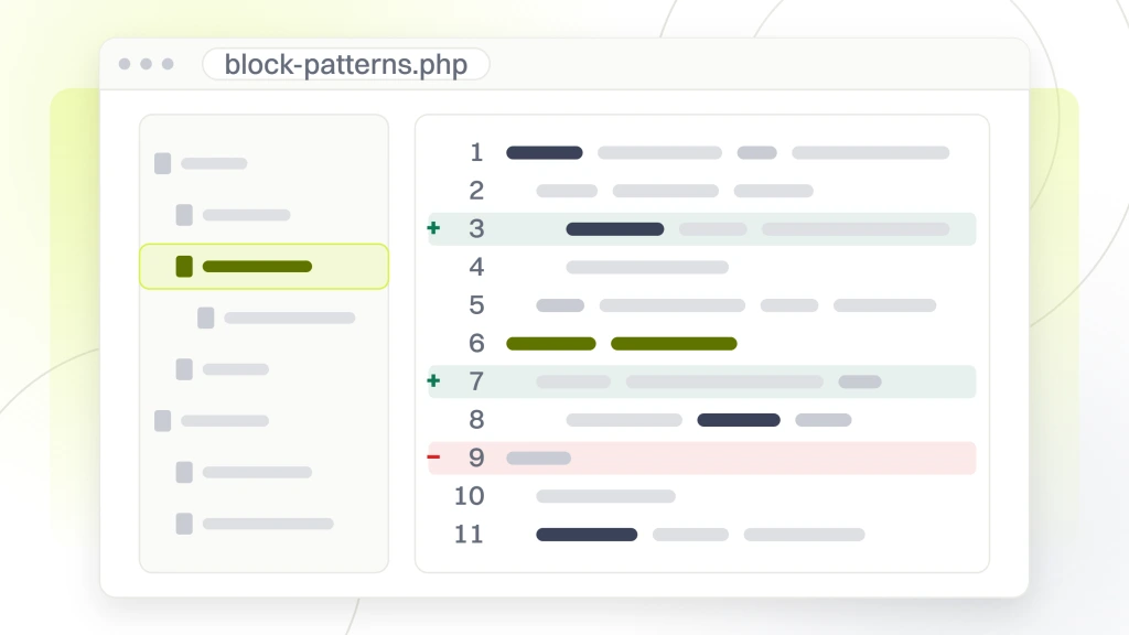 How to Develop WordPress Website. A code editor window with a file tree on the left and a pane of eleven lines on the right, two lines marked as additions in the diff gutter, one marked as a deletion and one highlighted.