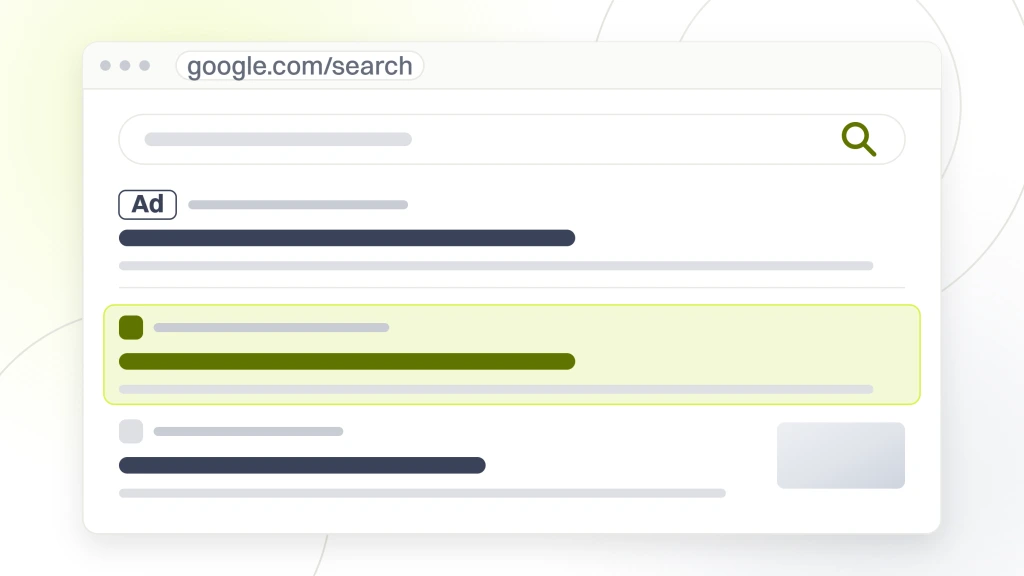 How to Write a Great PPC Ad for Optometrist. A search results page with a query box, a tab rail, two ad listings each carrying its Ad chip above a divider, and two organic listings beneath with the top one highlighted.