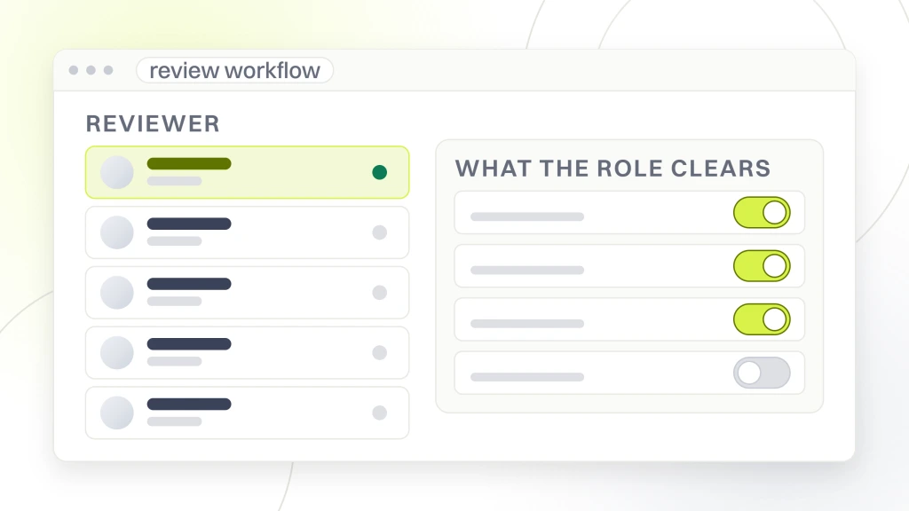 Life Science Web Design and Development. An admin screen showing a table of reviewer rows labeled legal, medical affairs, regulatory, marketing and agency, beside a permissions panel listing what each role clears: approve a claim, edit clinical content, release a landing page and version an image, each with its own toggle.