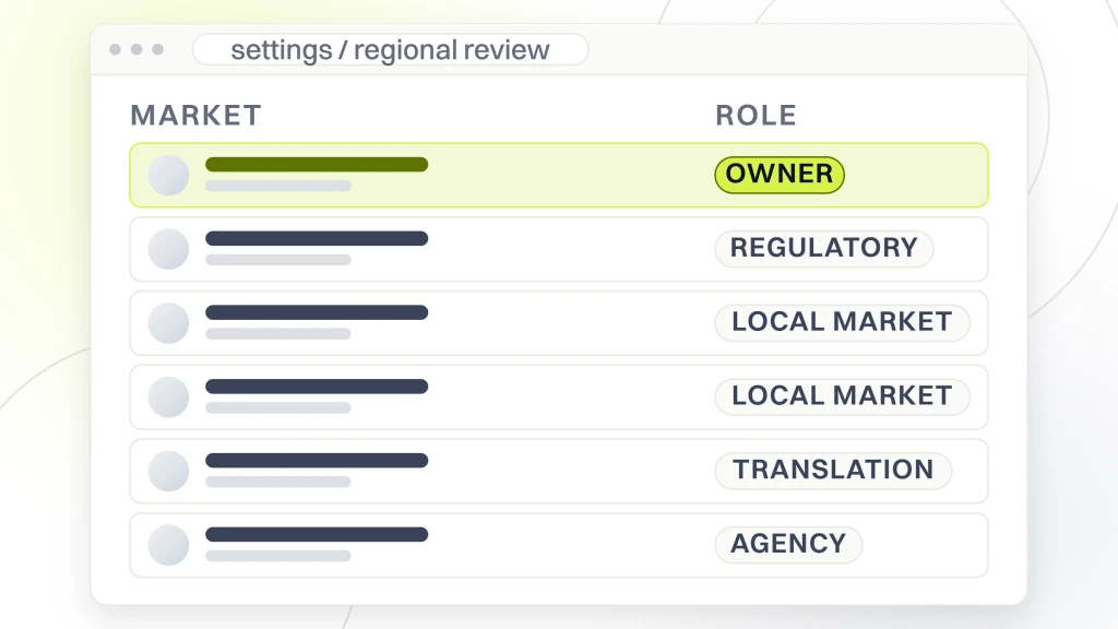 An admin users screen listing six review seats in role order, owner, regulatory, two local market reviewers, translation and agency, with the account owner at the top of the table, from a guide to life Science Web Design and Development.