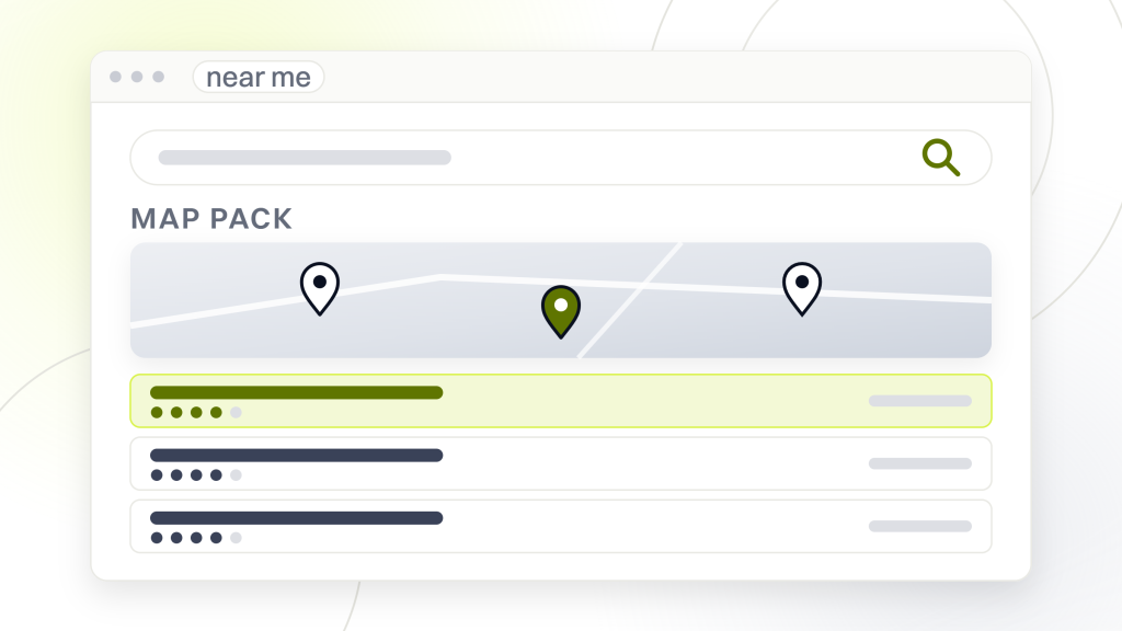 Local SEO cost. A results page with a map plate and pins above five local listings, each with rating dots and a distance, the first one highlighted.