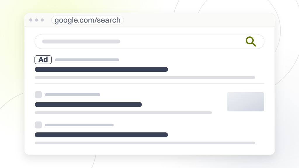 Local SEO company pricing. A search results page with one ad listing above three organic listings, the last highlighted, and a row of related search pills.