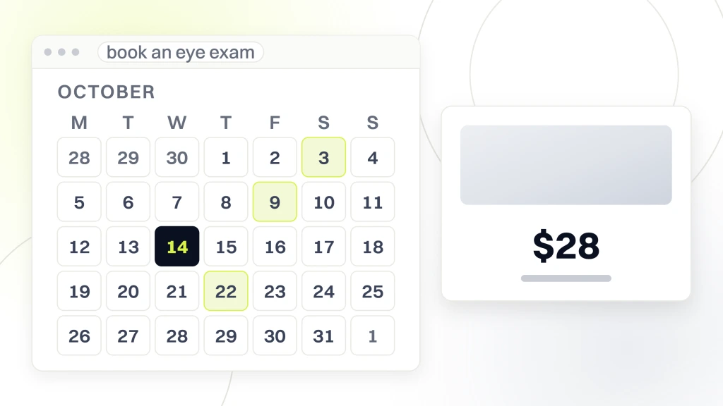 Marketing for Optometrists. A booking calendar window showing a month grid with available dates tinted and one picked, beside a card reading $28 blended cost per booked exam.