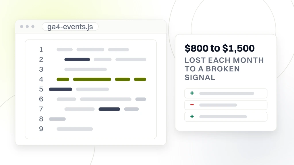 Marketing tools for chiropractors. A code editor pane of nine lines with one highlighted, beside a card reading $800 to $1,500 lost each month to a broken signal.