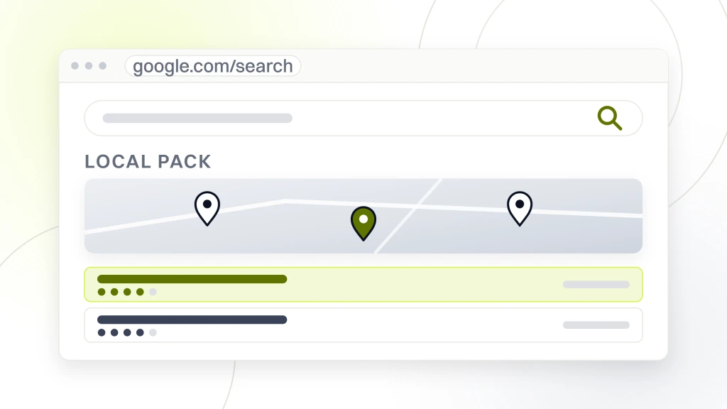 Med Spa SEO. A search results page showing the query box, a map plate with three pins and three map pack listings beneath it, the top one highlighted.