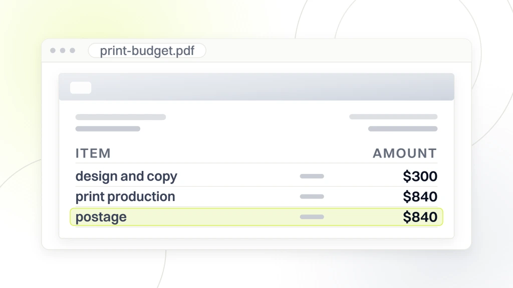 Optometrist Print Marketing. A print budget open in a document viewer, addressed to a practice, listing design and copy at $300, print production at $840 and postage at $840, with the postage line highlighted.
