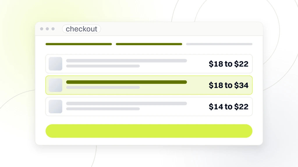 Pet Grooming Products Market. A checkout window part way through a three step flow, showing a cart holding three lines, the shampoo hero at $18 to $22, a brush at $18 to $34 highlighted, and a comb set at $14 to $22.