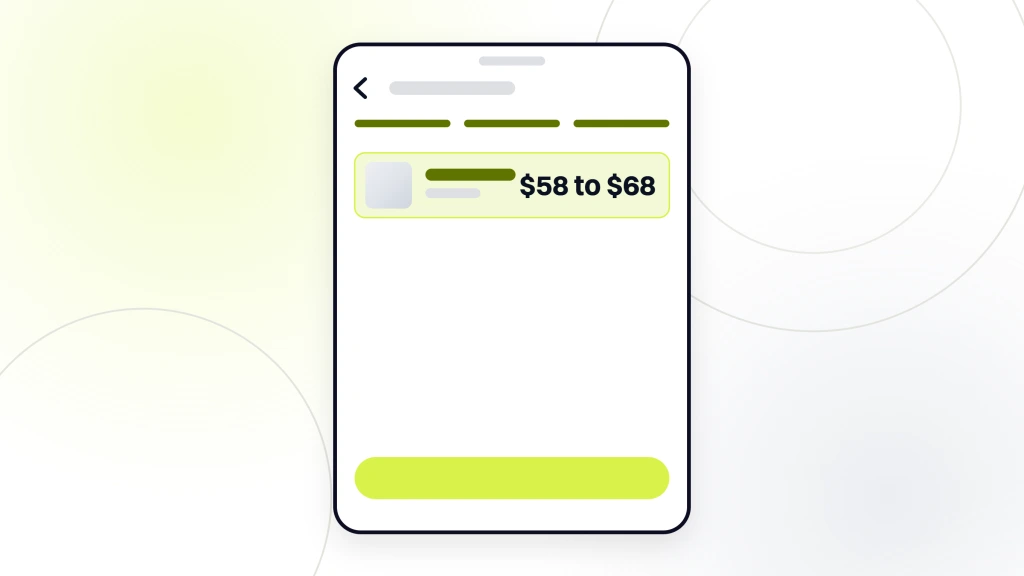 A handset showing a checkout screen at the second of three steps, with a single cart line for the four-SKU starter kit at $58 to $68, a short details form below it and the lime buy button at the foot, from a guide to pet Grooming Products Market.