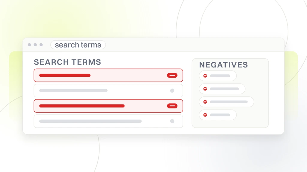 PPC Campaign Management. A search terms report window listing four queries with two flagged for exclusion, beside a negatives panel holding the chips those exclusions become.