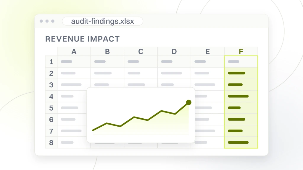 E-commerce SEO Audit. A spreadsheet export in browser chrome showing six columns across seven finding rows, a chart object sitting over the cells and the revenue impact column highlighted.