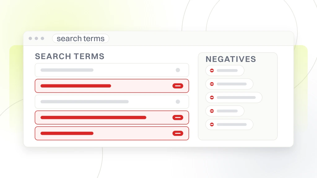 A search terms report window listing five queries with three flagged for exclusion, beside a negatives panel holding the chips those exclusions become, from a guide to google Ads Management Chicago.